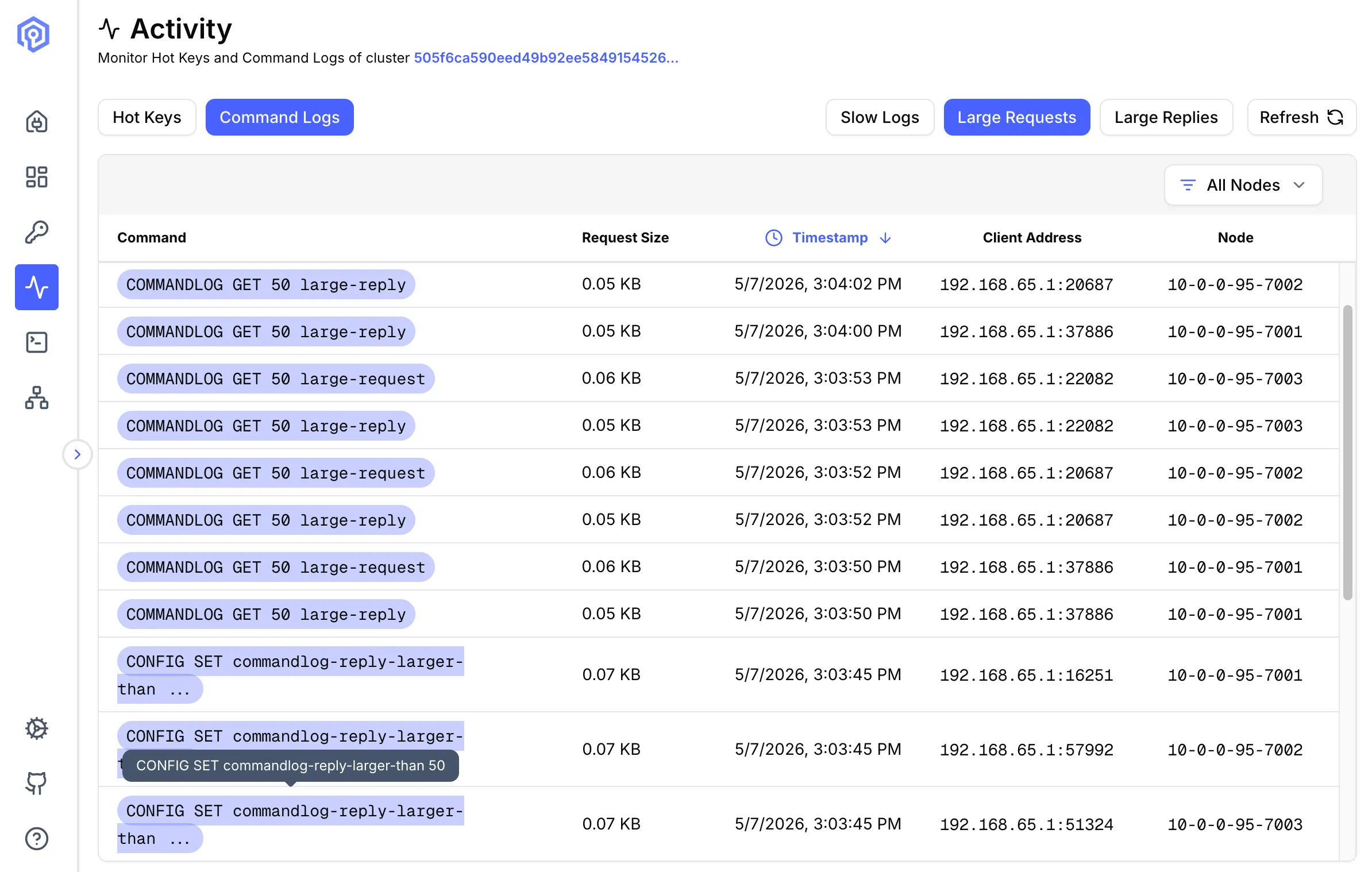Large request monitoring showing oversized command payloads